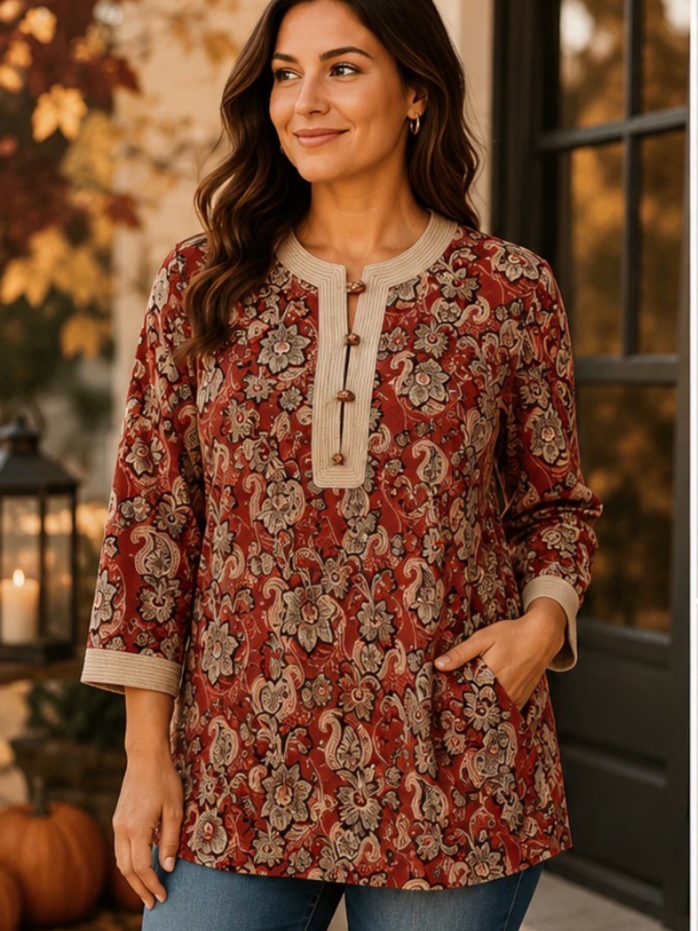 The Shop Red Paisley Cotton Tunic Top Toggle Button Boho 3/4 Sleeve